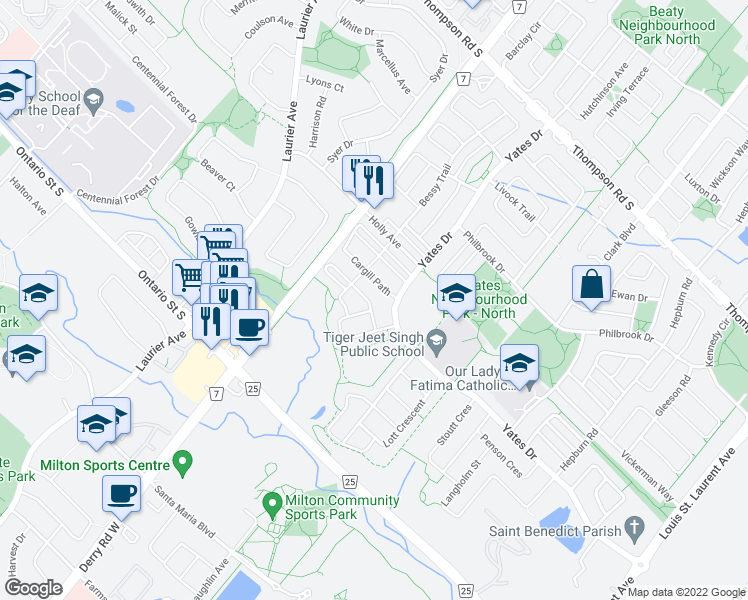 map of restaurants, bars, coffee shops, grocery stores, and more near 669 Gervais Terrace in Milton