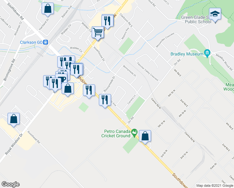 map of restaurants, bars, coffee shops, grocery stores, and more near 1990 Silverberry Crescent in Mississauga