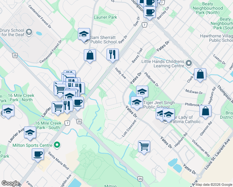 map of restaurants, bars, coffee shops, grocery stores, and more near 669 Gervais Terrace in Milton