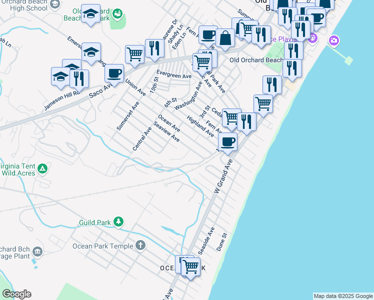 map of restaurants, bars, coffee shops, grocery stores, and more near 41 Ocean Avenue in Old Orchard Beach