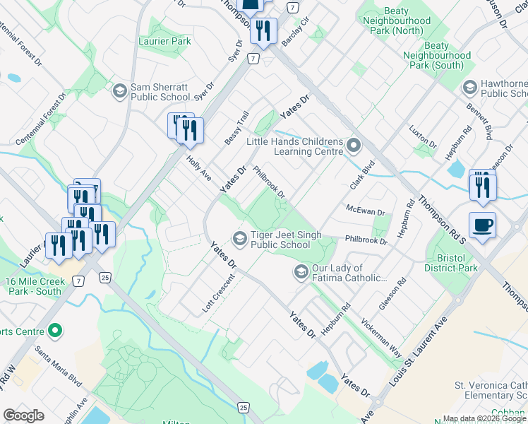 map of restaurants, bars, coffee shops, grocery stores, and more near 776 Philbrook Drive in Milton