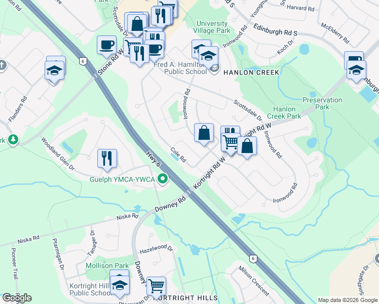 map of restaurants, bars, coffee shops, grocery stores, and more near 19 Briarlea Road in Guelph