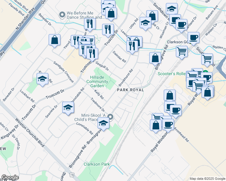 map of restaurants, bars, coffee shops, grocery stores, and more near 2443 Brookhurst Road in Mississauga