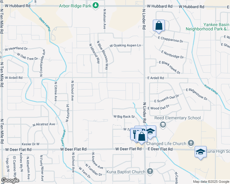map of restaurants, bars, coffee shops, grocery stores, and more near 323 West Striped Owl Street in Kuna