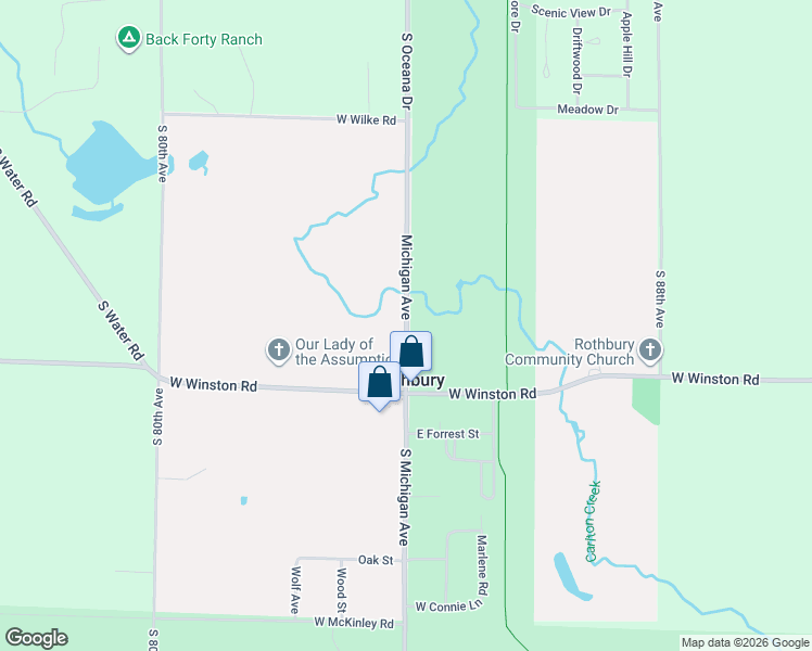 map of restaurants, bars, coffee shops, grocery stores, and more near 7501-7565 Michigan Avenue in Rothbury