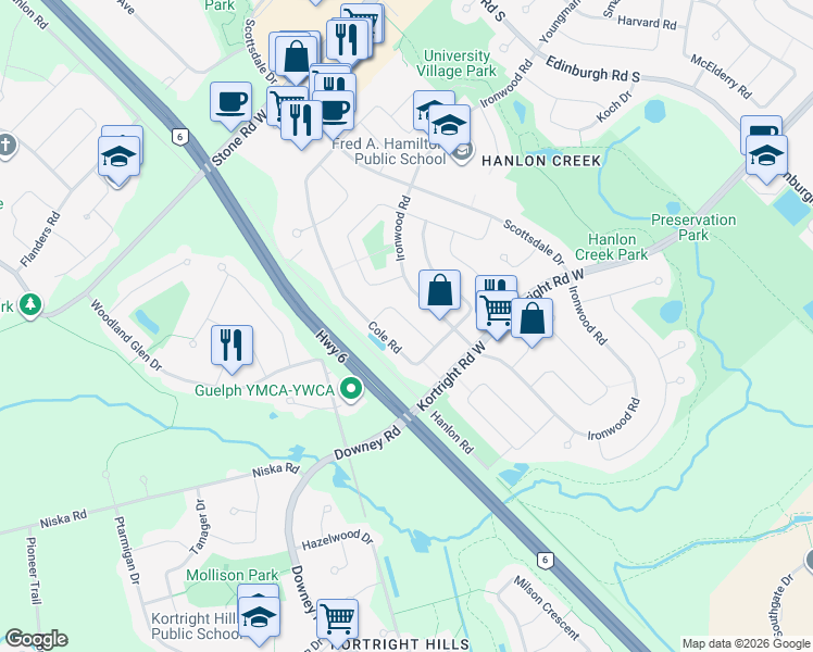map of restaurants, bars, coffee shops, grocery stores, and more near 19 Briarlea Road in Guelph