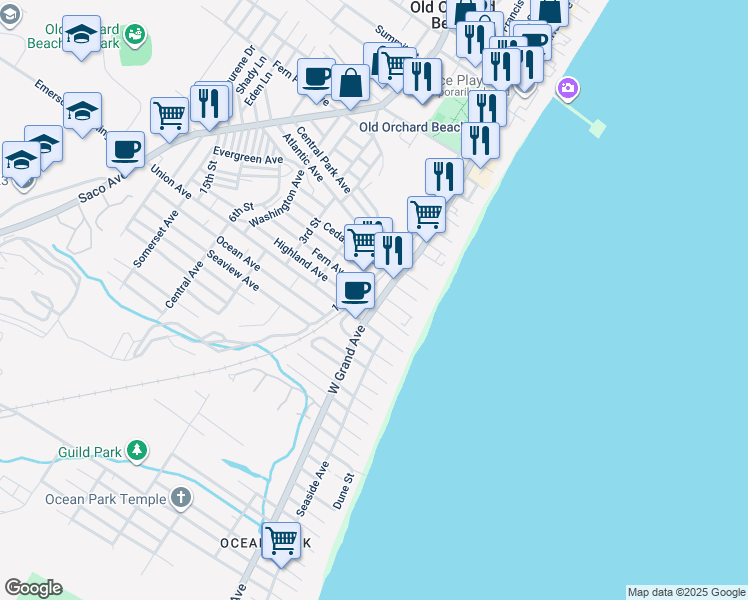 map of restaurants, bars, coffee shops, grocery stores, and more near 12 Bay Avenue in Old Orchard Beach