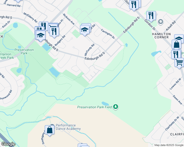 map of restaurants, bars, coffee shops, grocery stores, and more near 105 Terraview Crescent in Guelph