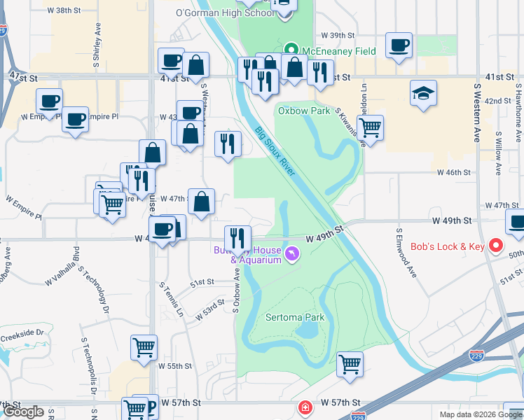 map of restaurants, bars, coffee shops, grocery stores, and more near 3908 South Carnegie Circle in Sioux Falls