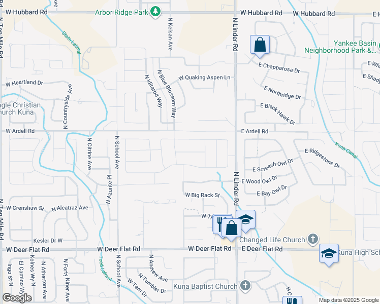 map of restaurants, bars, coffee shops, grocery stores, and more near 302 West Striped Owl Street in Kuna