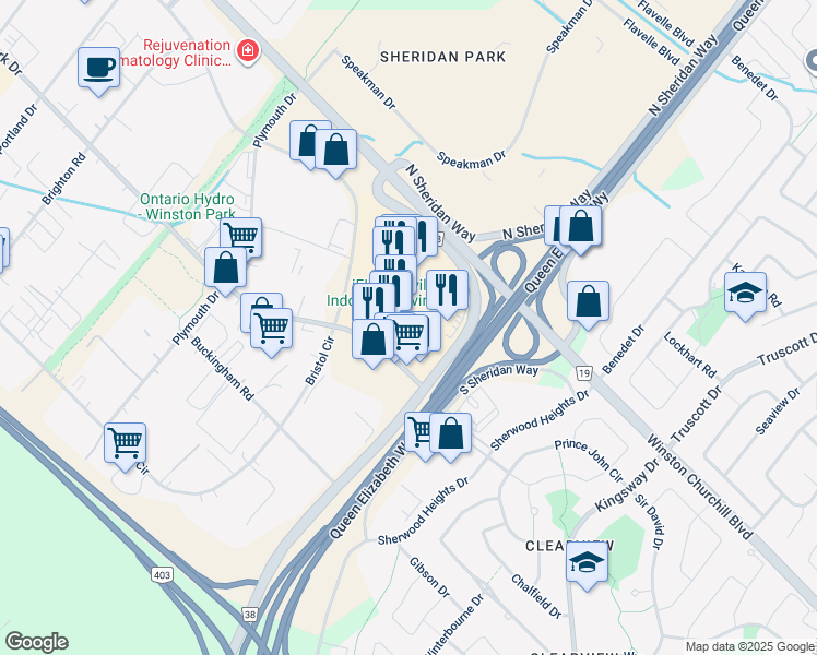 map of restaurants, bars, coffee shops, grocery stores, and more near 2021 Winston Park Drive in Oakville