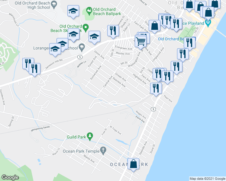 map of restaurants, bars, coffee shops, grocery stores, and more near 7 Lake Avenue in Old Orchard Beach