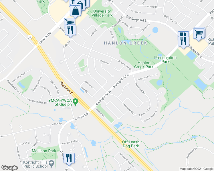 map of restaurants, bars, coffee shops, grocery stores, and more near 379 Cole Road in Guelph