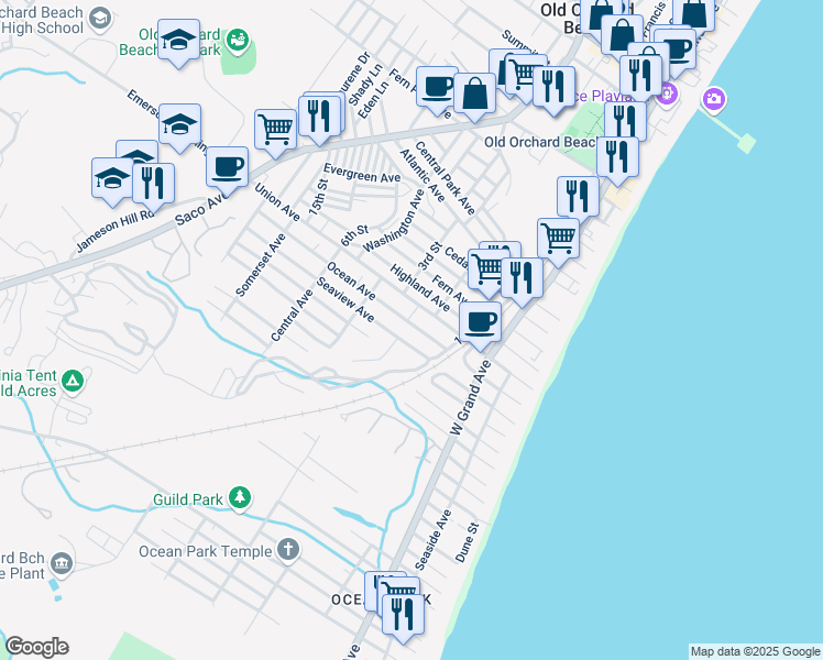 map of restaurants, bars, coffee shops, grocery stores, and more near 41 Ocean Avenue in Old Orchard Beach