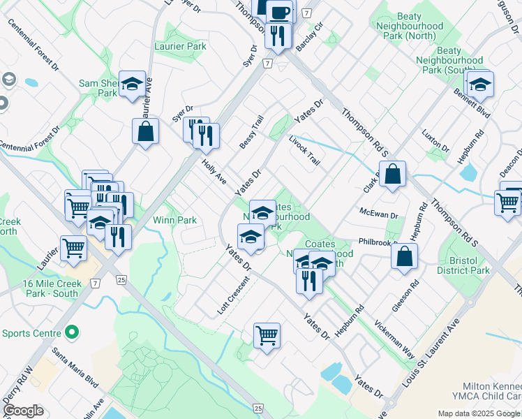 map of restaurants, bars, coffee shops, grocery stores, and more near 765 Shortreed Crescent in Milton