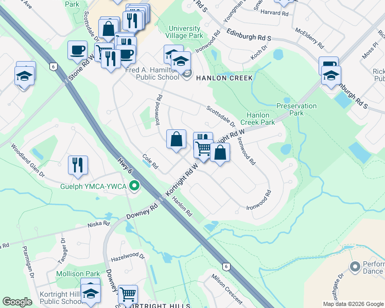 map of restaurants, bars, coffee shops, grocery stores, and more near 381 Cole Road in Guelph