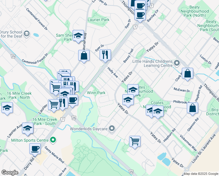 map of restaurants, bars, coffee shops, grocery stores, and more near 575 Cargill Path in Milton