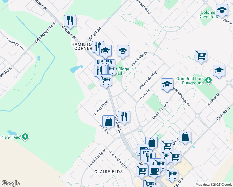 map of restaurants, bars, coffee shops, grocery stores, and more near 20 Lowes Road East in Guelph