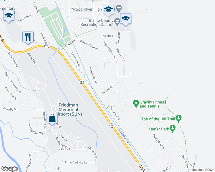map of restaurants, bars, coffee shops, grocery stores, and more near 1561 Baldy View Drive in Hailey