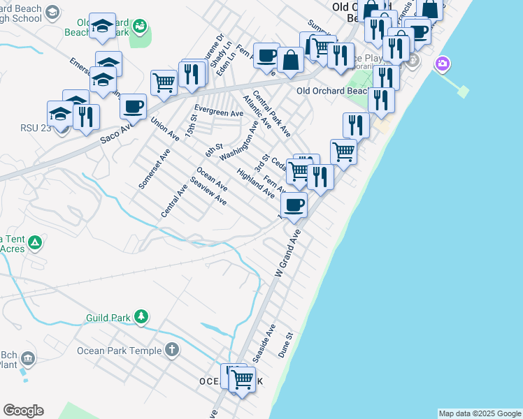 map of restaurants, bars, coffee shops, grocery stores, and more near 33 Union Avenue in Old Orchard Beach