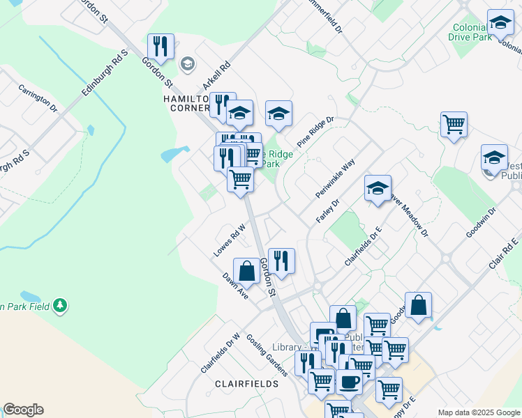 map of restaurants, bars, coffee shops, grocery stores, and more near 20 Lowes Road East in Guelph