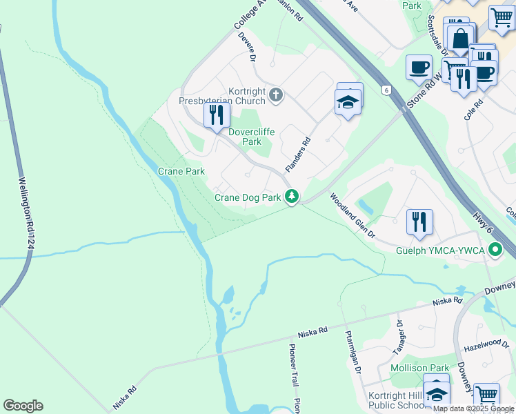 map of restaurants, bars, coffee shops, grocery stores, and more near 91 Conroy Crescent in Guelph