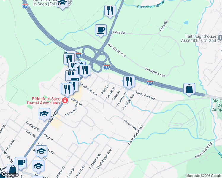 map of restaurants, bars, coffee shops, grocery stores, and more near 7 Lucille St in Saco