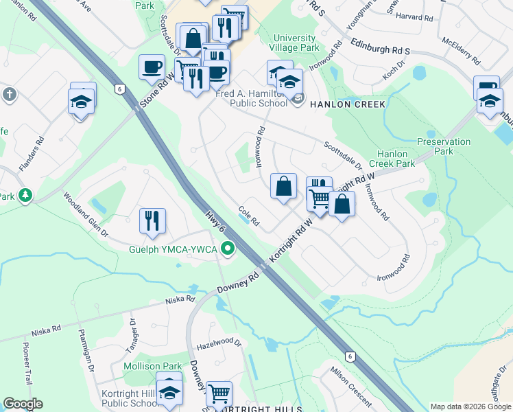 map of restaurants, bars, coffee shops, grocery stores, and more near 19 Briarlea Road in Guelph