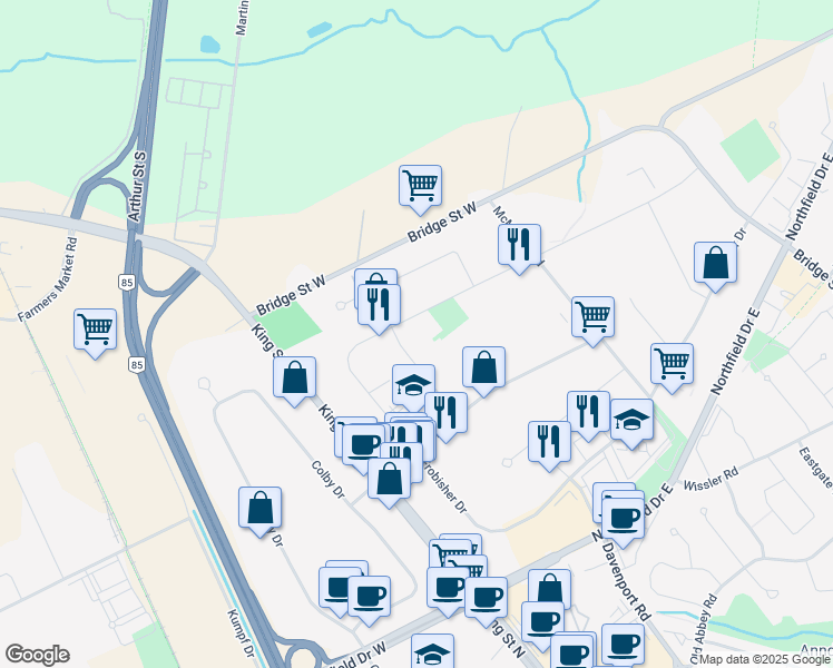 map of restaurants, bars, coffee shops, grocery stores, and more near 95 Bathurst Drive in Waterloo