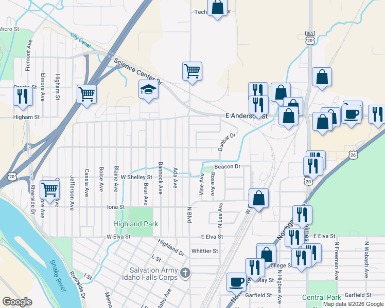 map of restaurants, bars, coffee shops, grocery stores, and more near 124 East Crowley Street in Idaho Falls