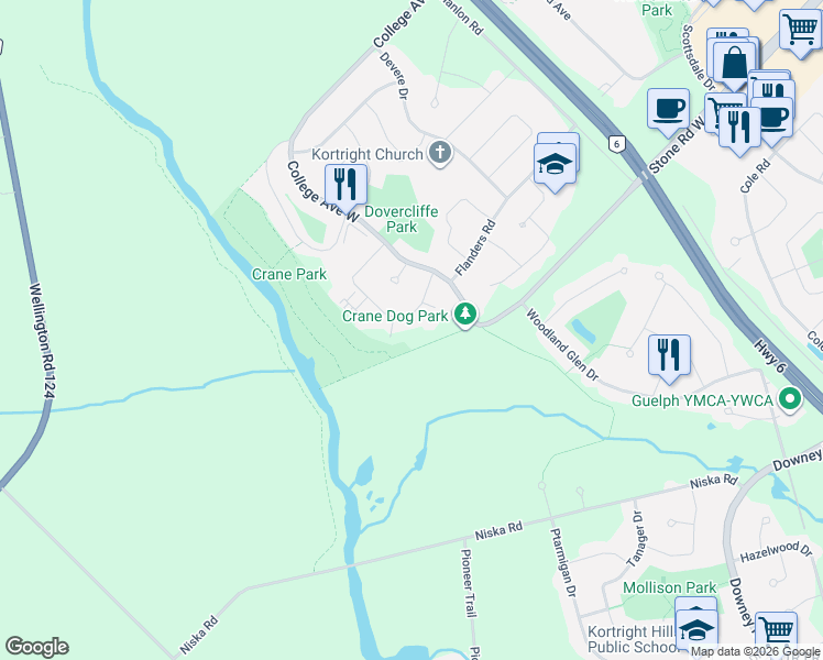 map of restaurants, bars, coffee shops, grocery stores, and more near 91 Conroy Crescent in Guelph