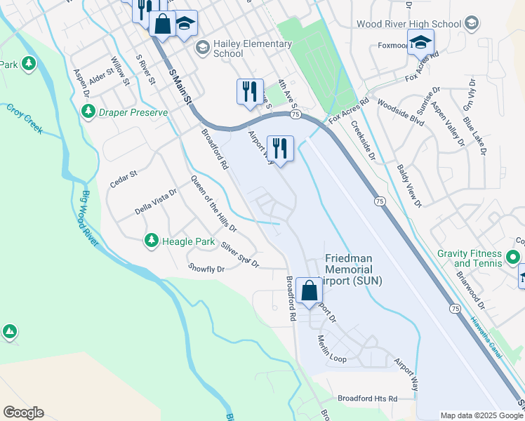 map of restaurants, bars, coffee shops, grocery stores, and more near Galaxy Lane in Hailey