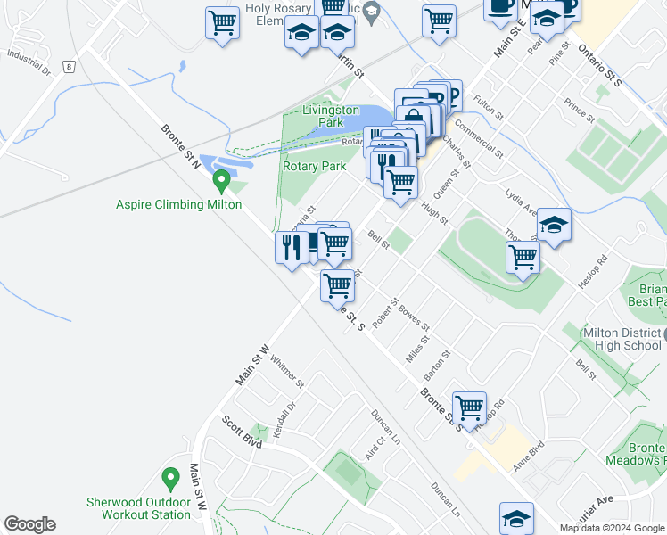 map of restaurants, bars, coffee shops, grocery stores, and more near in Milton