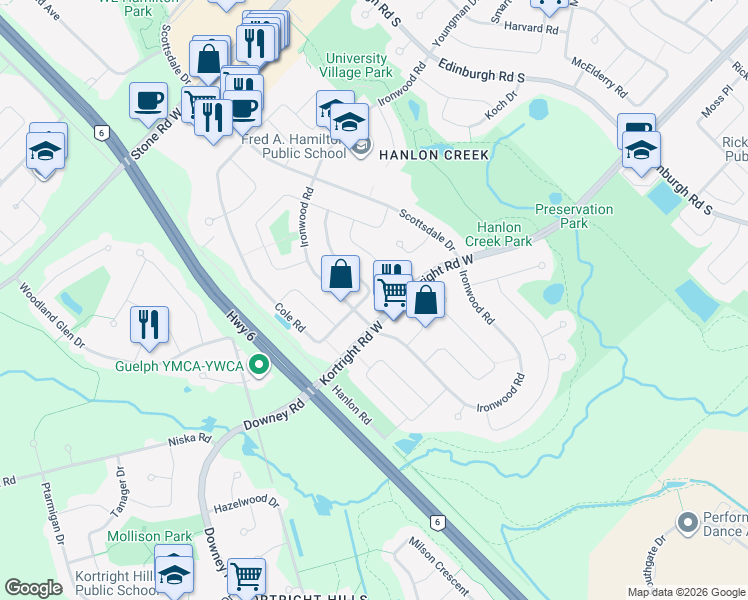 map of restaurants, bars, coffee shops, grocery stores, and more near 385 Cole Road in Guelph