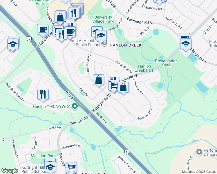 map of restaurants, bars, coffee shops, grocery stores, and more near 381 Cole Road in Guelph