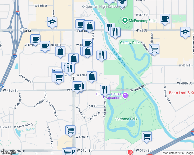 map of restaurants, bars, coffee shops, grocery stores, and more near 4000 South Westport Avenue in Sioux Falls