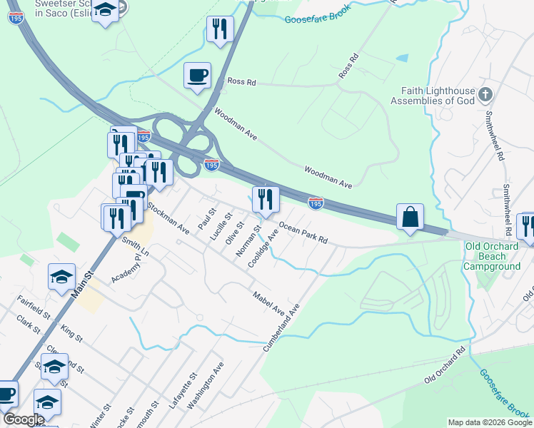 map of restaurants, bars, coffee shops, grocery stores, and more near 38 Ocean Park Road in Saco