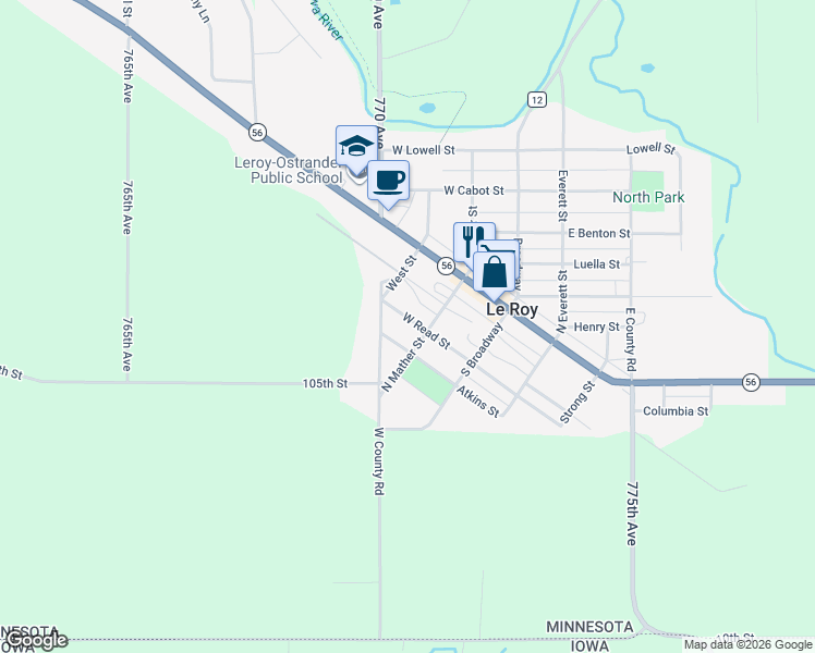 map of restaurants, bars, coffee shops, grocery stores, and more near 207 West Read Street in Le Roy