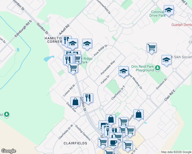 map of restaurants, bars, coffee shops, grocery stores, and more near 10 Periwinkle Way in Guelph