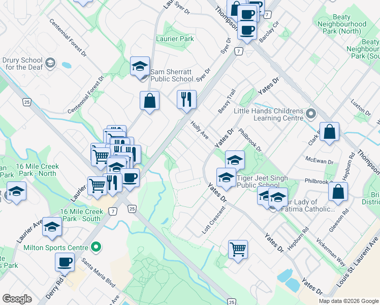 map of restaurants, bars, coffee shops, grocery stores, and more near 587 Cargill Path in Milton