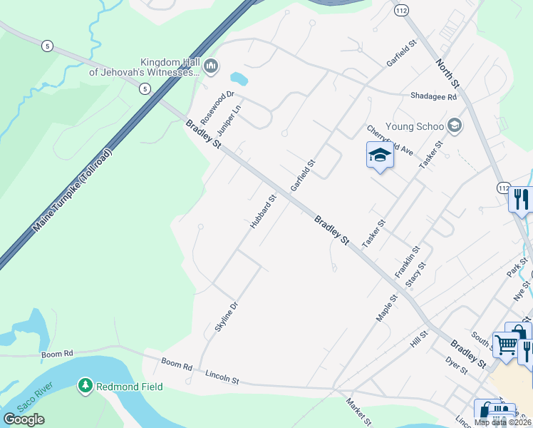 map of restaurants, bars, coffee shops, grocery stores, and more near 10 Hubbard St in Saco