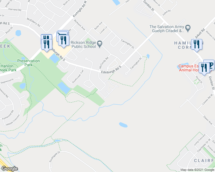 map of restaurants, bars, coffee shops, grocery stores, and more near 105 Terraview Crescent in Guelph