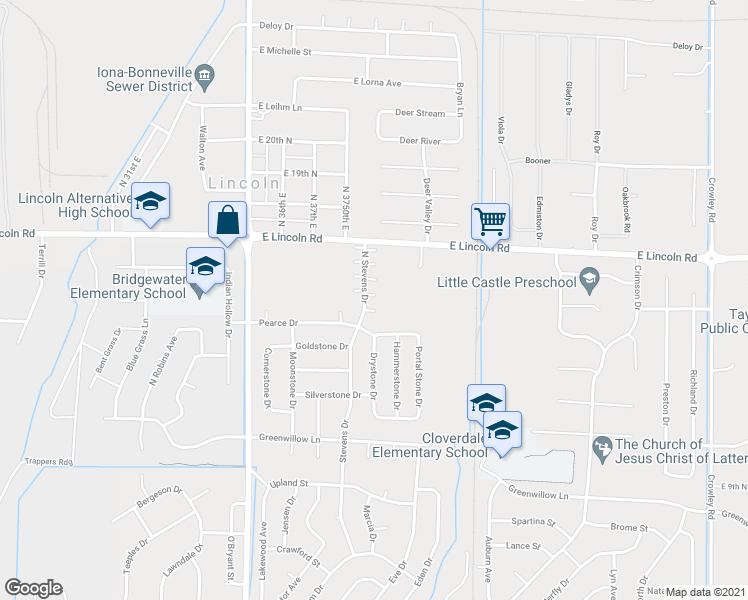 map of restaurants, bars, coffee shops, grocery stores, and more near 1468 North Stevens Drive in Idaho Falls