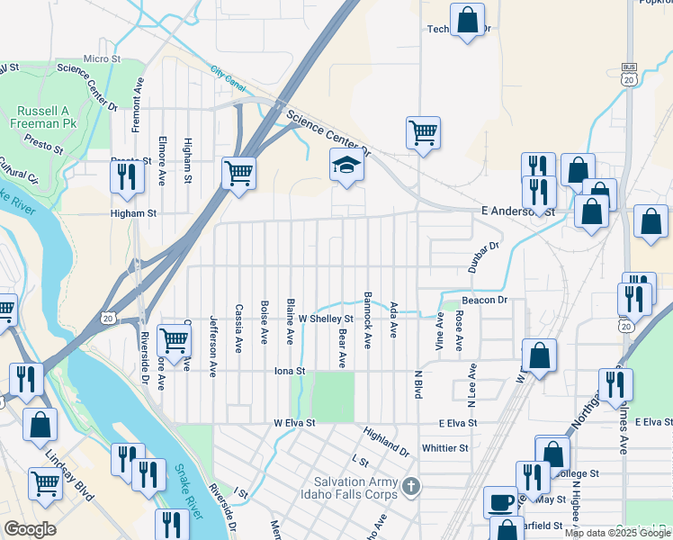 map of restaurants, bars, coffee shops, grocery stores, and more near 1170 Bingham Avenue in Idaho Falls