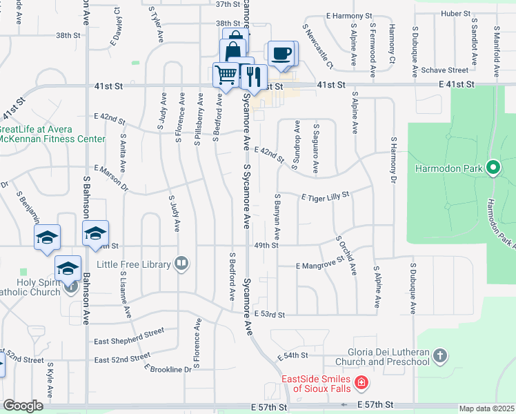 map of restaurants, bars, coffee shops, grocery stores, and more near 3600 South Sycamore Avenue in Sioux Falls