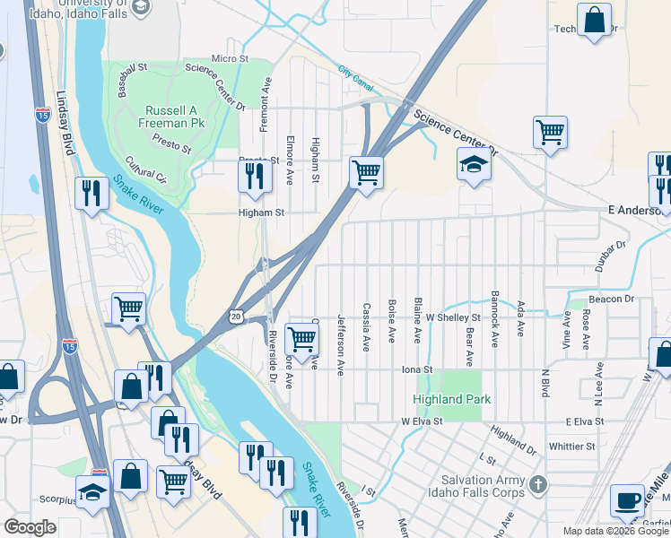 map of restaurants, bars, coffee shops, grocery stores, and more near 1172 Canyon Avenue in Idaho Falls