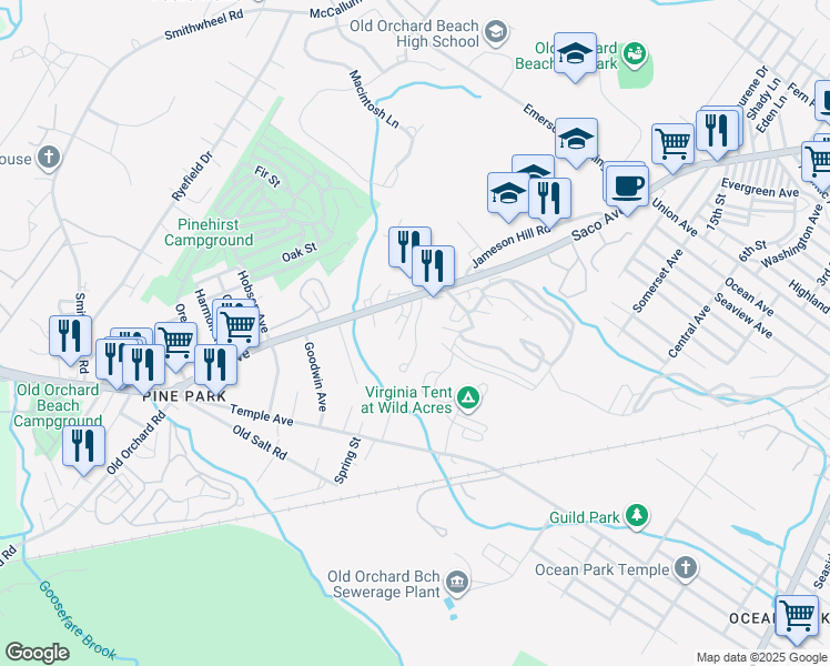 map of restaurants, bars, coffee shops, grocery stores, and more near 2 Pinebrook Terrace in Old Orchard Beach