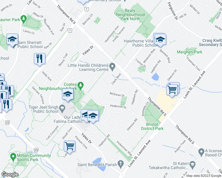 map of restaurants, bars, coffee shops, grocery stores, and more near 920 Clark Boulevard in Milton