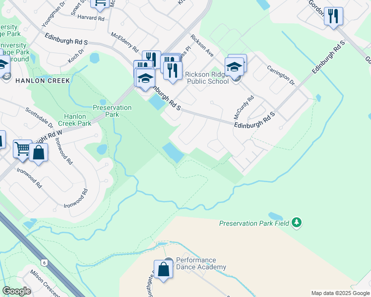 map of restaurants, bars, coffee shops, grocery stores, and more near 59 Southcreek Trail in Guelph