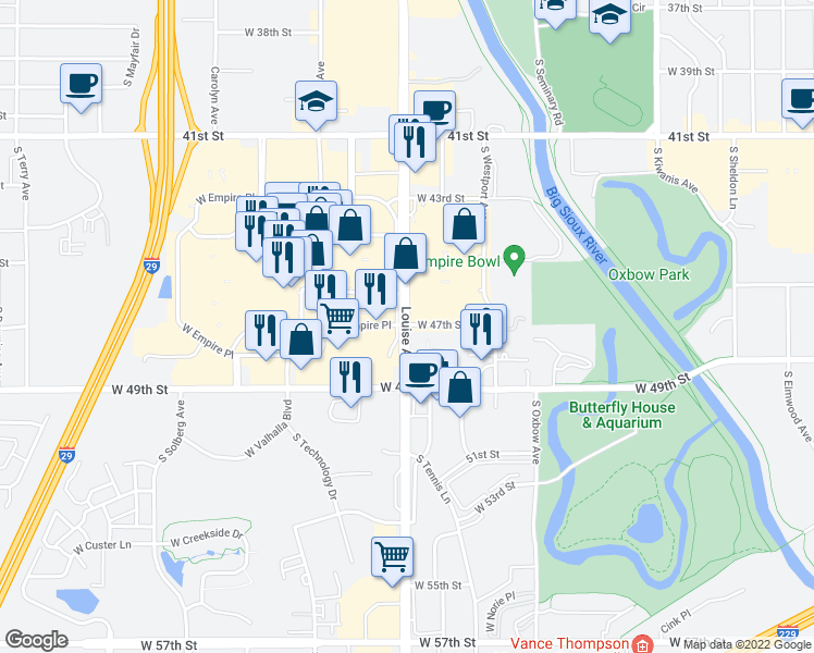 map of restaurants, bars, coffee shops, grocery stores, and more near 4004 South Louise Avenue in Sioux Falls
